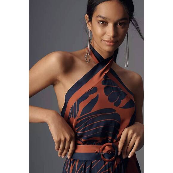 NEW HUTCH benny halter belted floral jumpsuit in orange/ navy - Picture 4 of 5